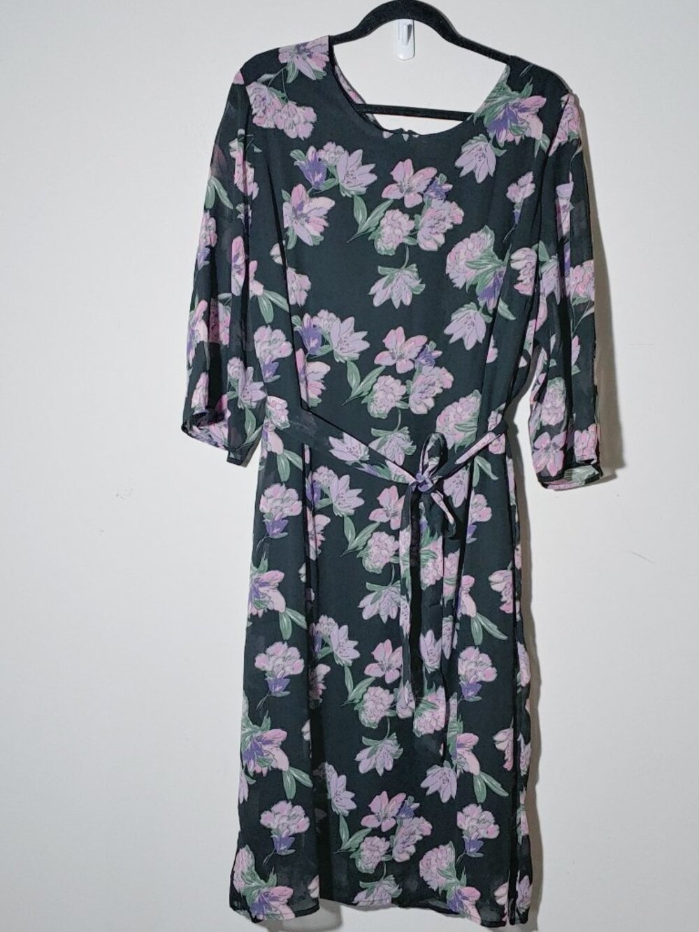Blair 3/4 Sleeves Lined Belted Floral Semi Sheer Shift Dress Sz 2X Black Pink